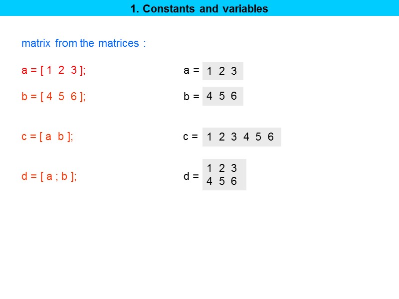 1. Constants and variables  matrix from the matrices :  a = [